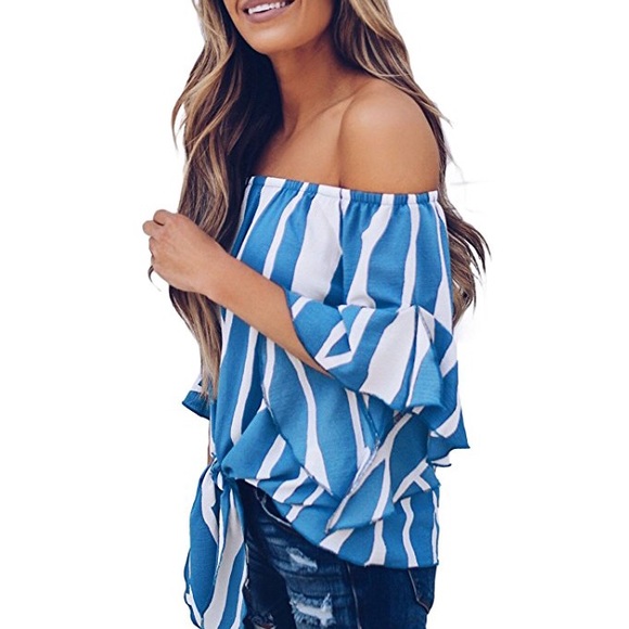 💎HP💎👑Womens Striped Off the Shoulder Blouse👑 - Picture 2 of 3